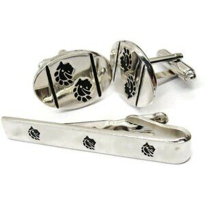 Inca Warrior Cufflinks Tie Bar Set Silver Tone Tux Shirt Dress Suit Vintage